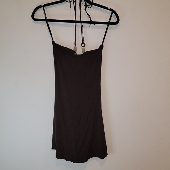 Sky Halter Style Brown Top with Leather and Mineral Stone Neck Ties, Size XS - Picture 3 of 5